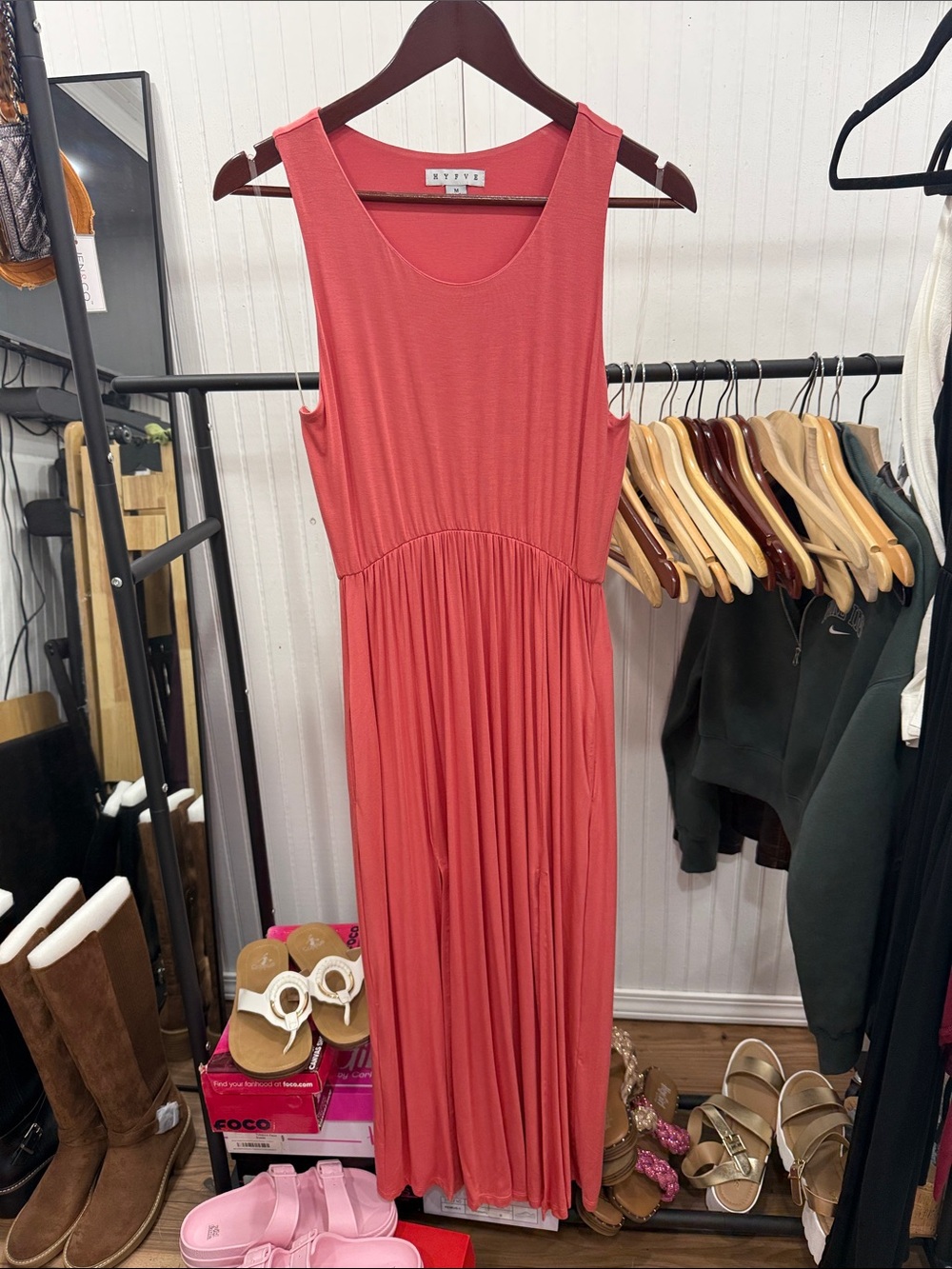 NWOT HYFVE Coral Sleeveless Maxi Dress with front slits and pockets Medium